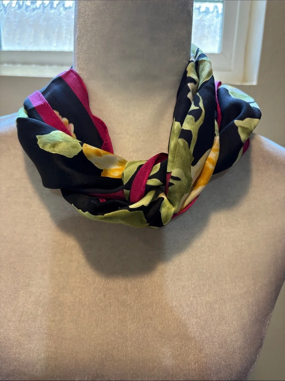 Jones New York Black Floral Silk Scarf with Pink Trim